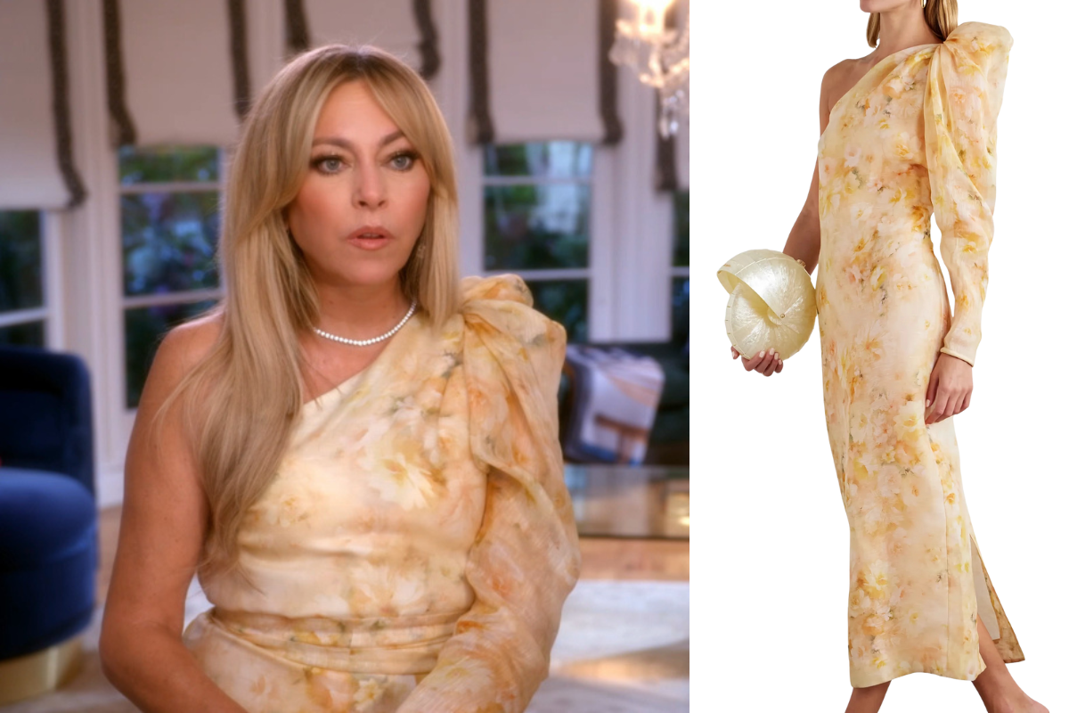Zimmermann one-sleeve floral midi dress worn by Sutton Stracke on The Real Housewives of Beverly Hills