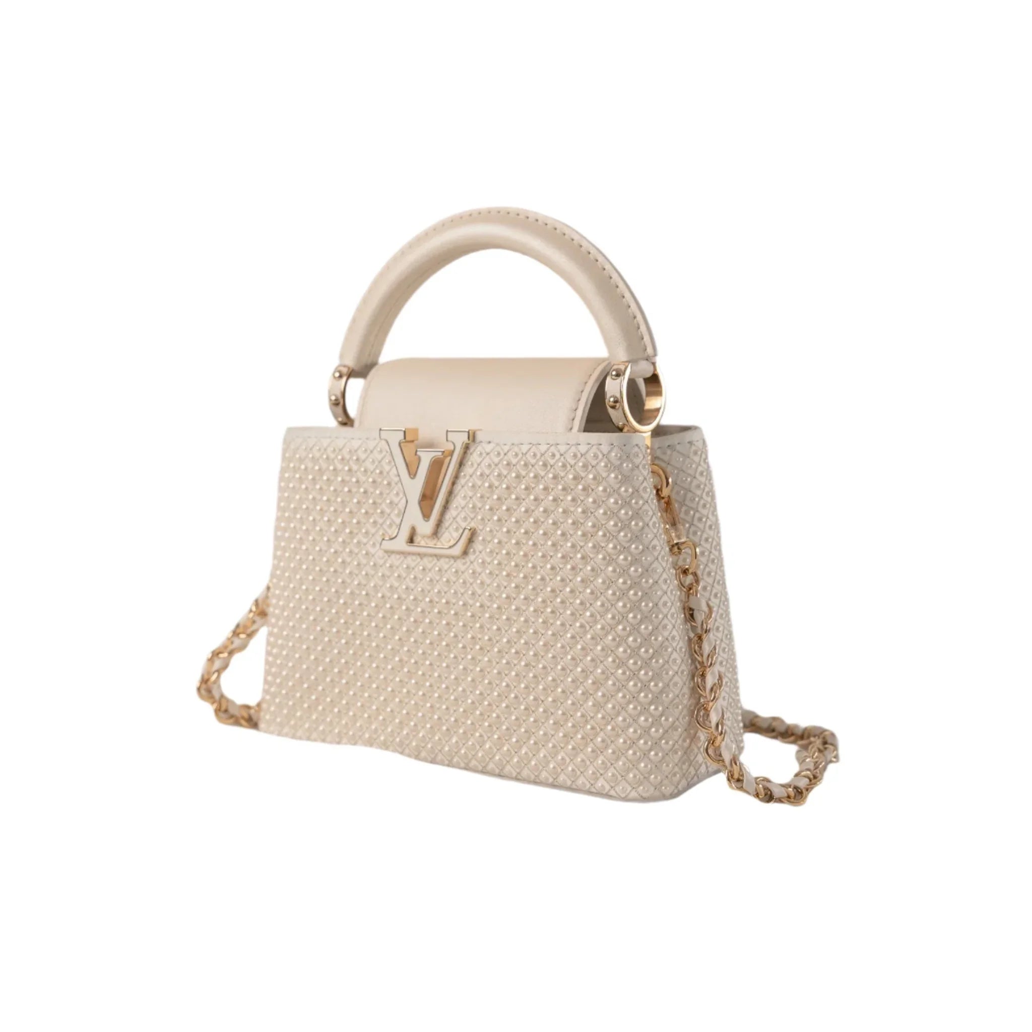 Louis Vuitton beige handbag with gold accents, perfect for formal events, showcasing luxury and craftsmanship.