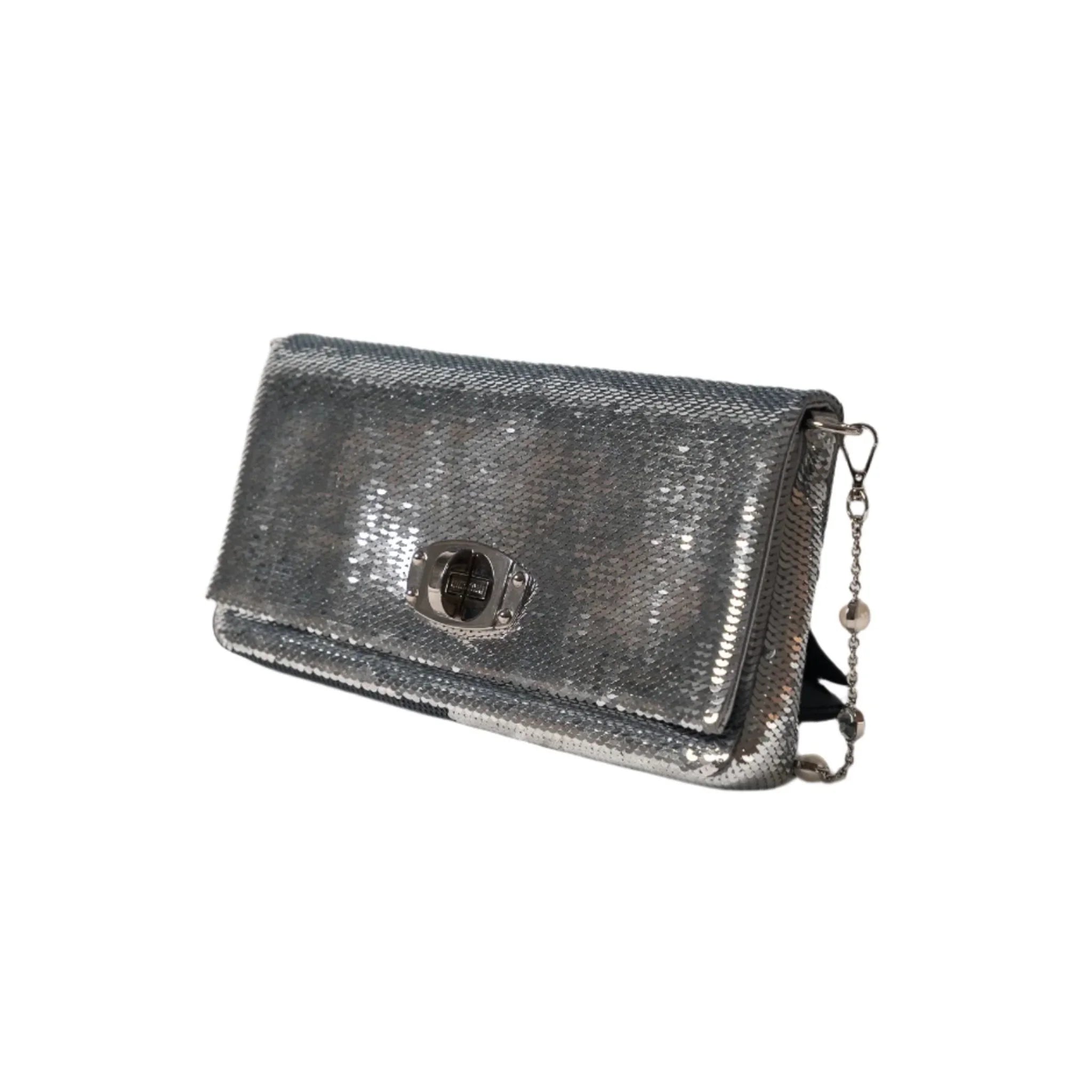 Miu Miu silver sequin clutch bag for formal occasions with a stylish chain strap.
