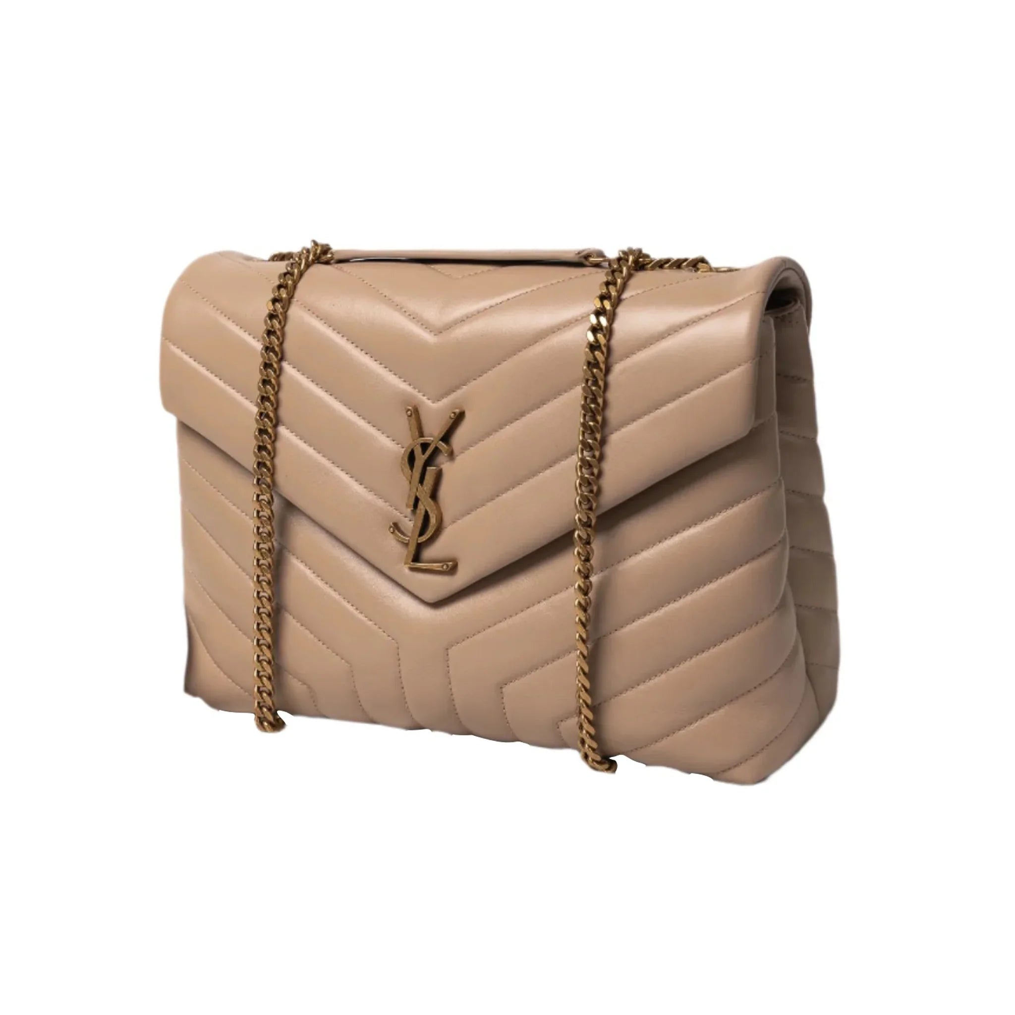 Saint Laurent beige quilted leather bag with chain strap, perfect for formal events.