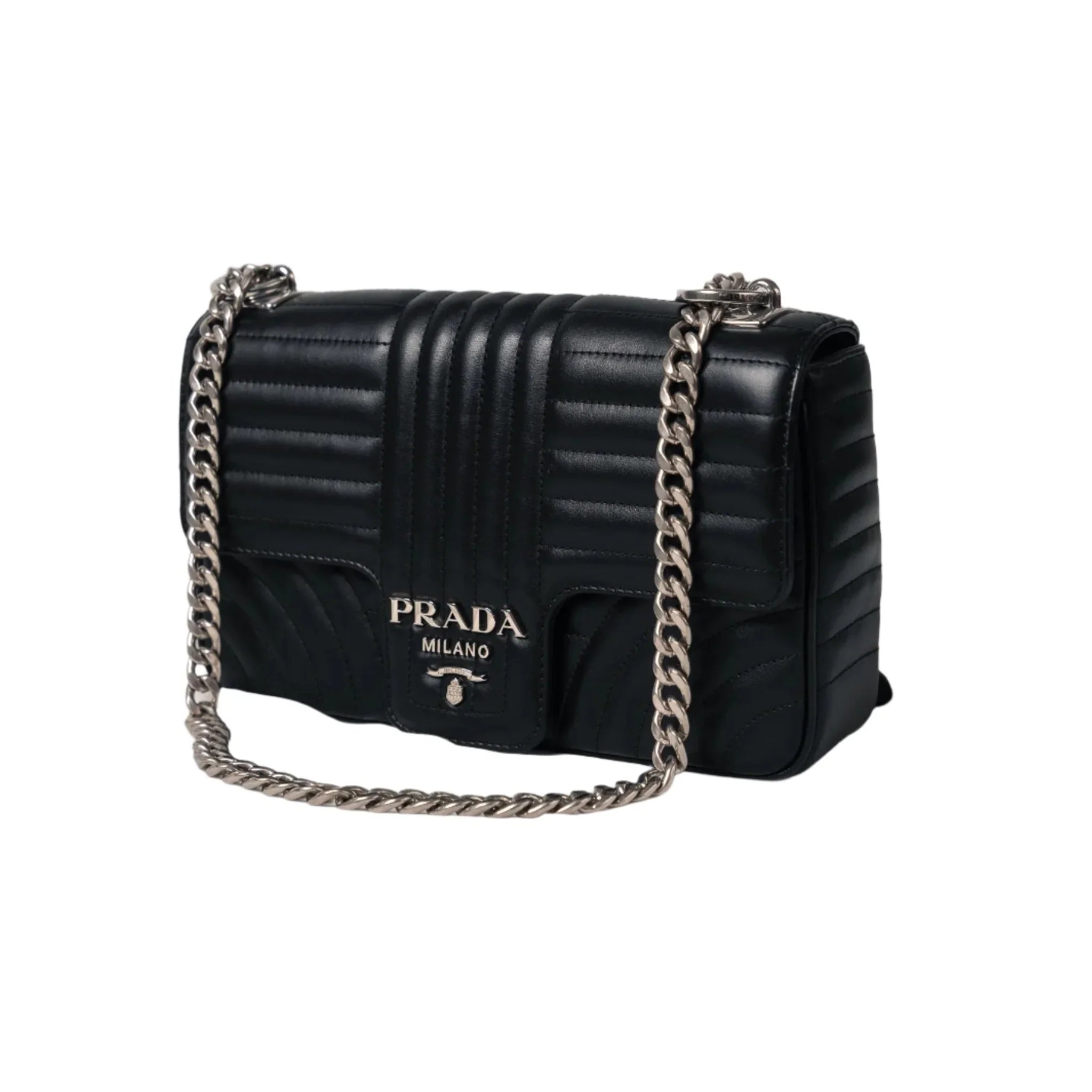 Prada black leather handbag with quilted design and silver chain strap for formal occasions.