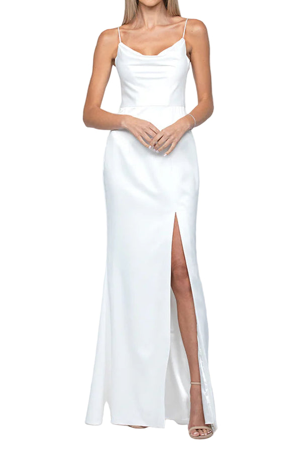 White Lana Draped Cowl Gown