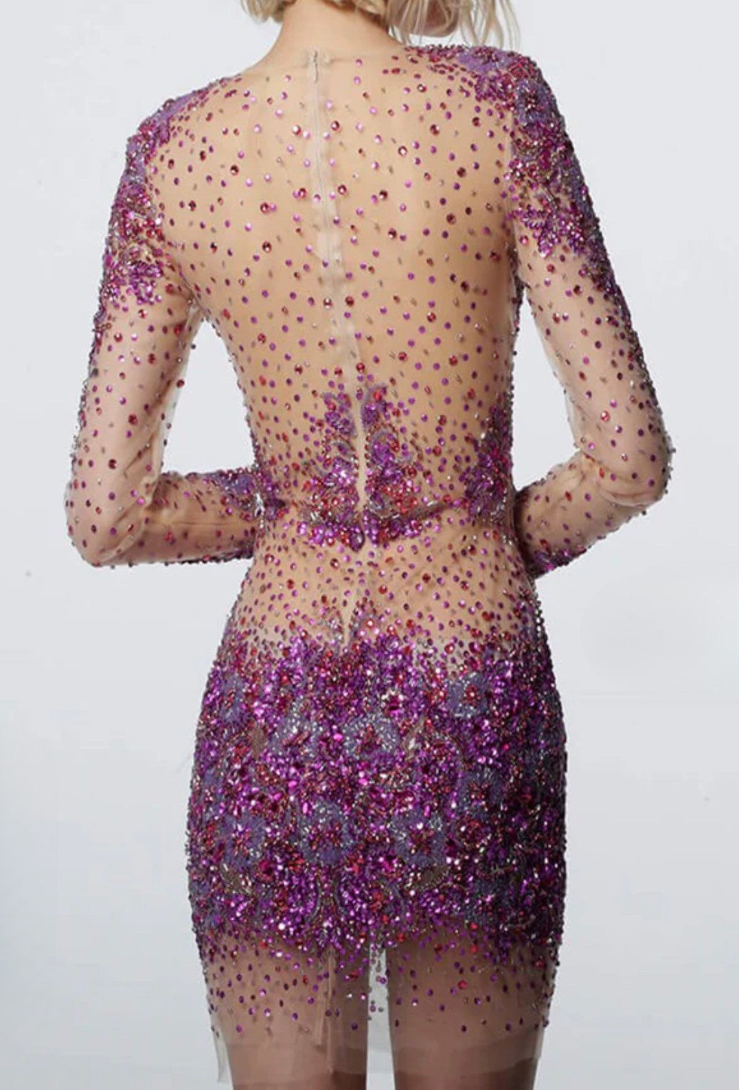 Sheer Beaded Long Sleeve Dress 47598