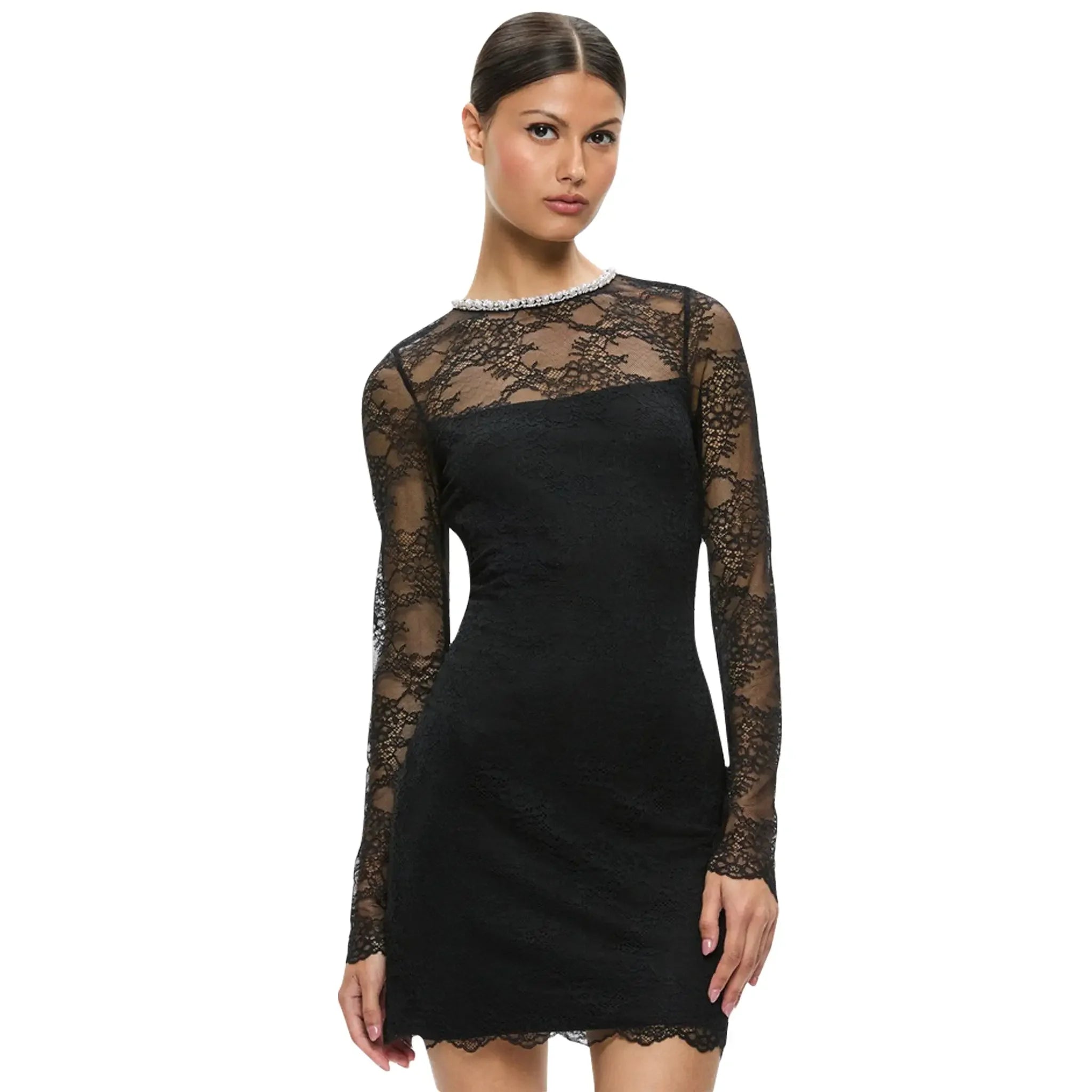 Alice + Olivia DELORA EMBELLISHED NECK LONG SLEEVE LACE MINI DRESS available at Style Me Up, Central Coast, Australia