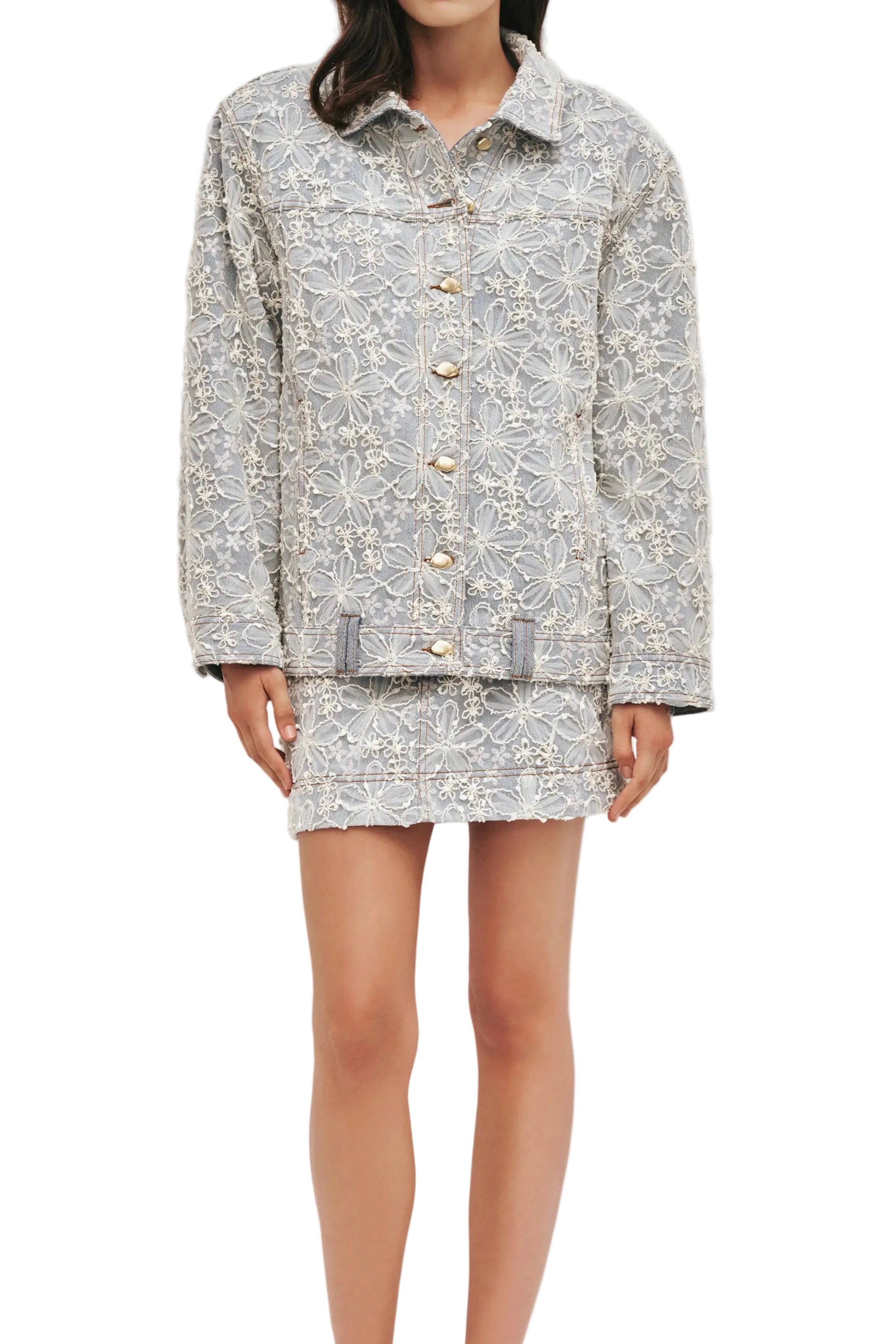 Aje Bloom Lace Denim Jacket in Mum Wash, available at Style Me Up, Central Coast, Australia