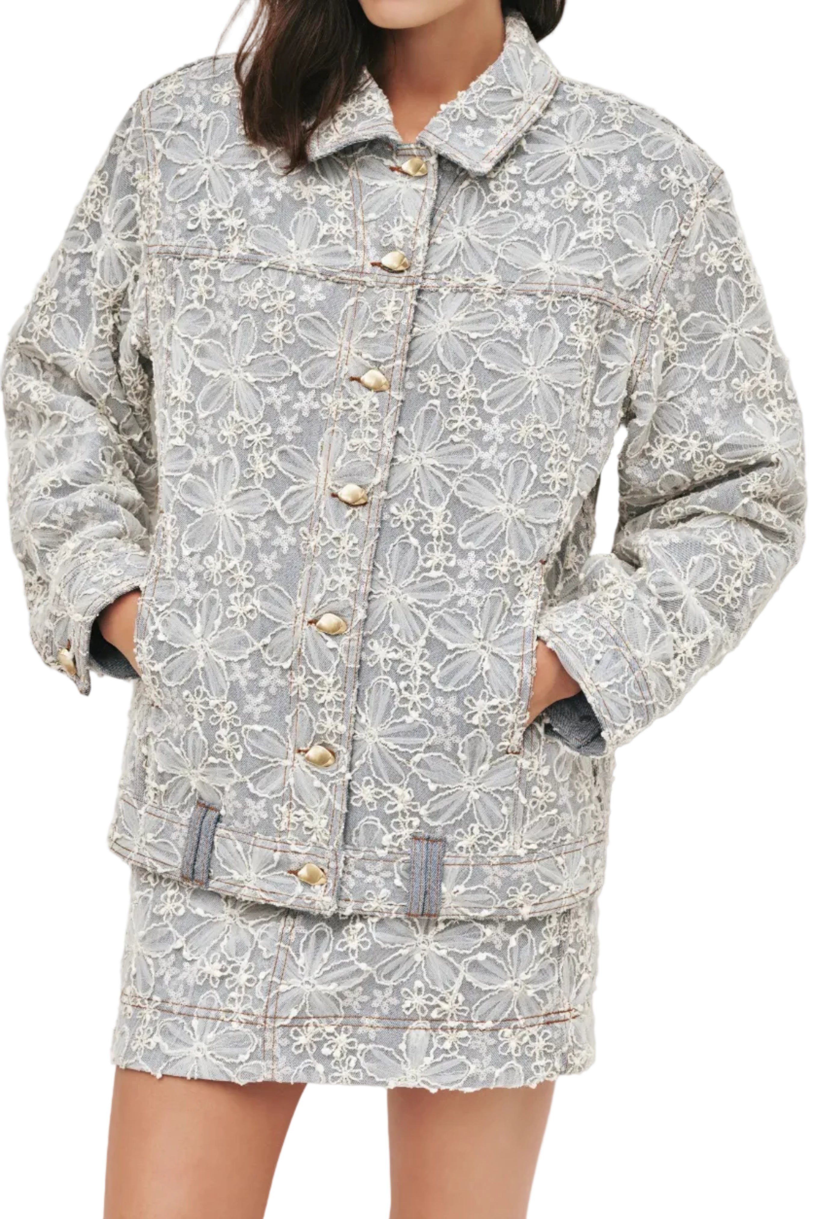 Aje Bloom Lace Denim Jacket in Mum Wash, available at Style Me Up, Central Coast, Au