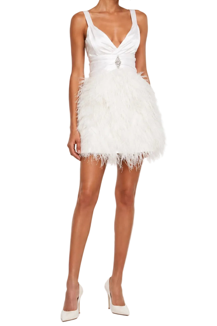 Alessandra Rich Feather-Trimmed Embellished Silk Mini Dress