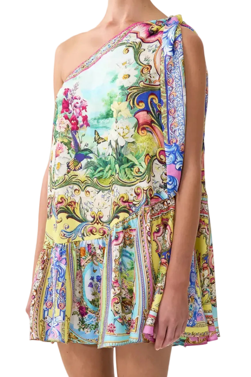 Camilla Spirit Of Santa Maria Tie One Shoulder Short Dress featuring vibrant painterly print and contemporary elegance.