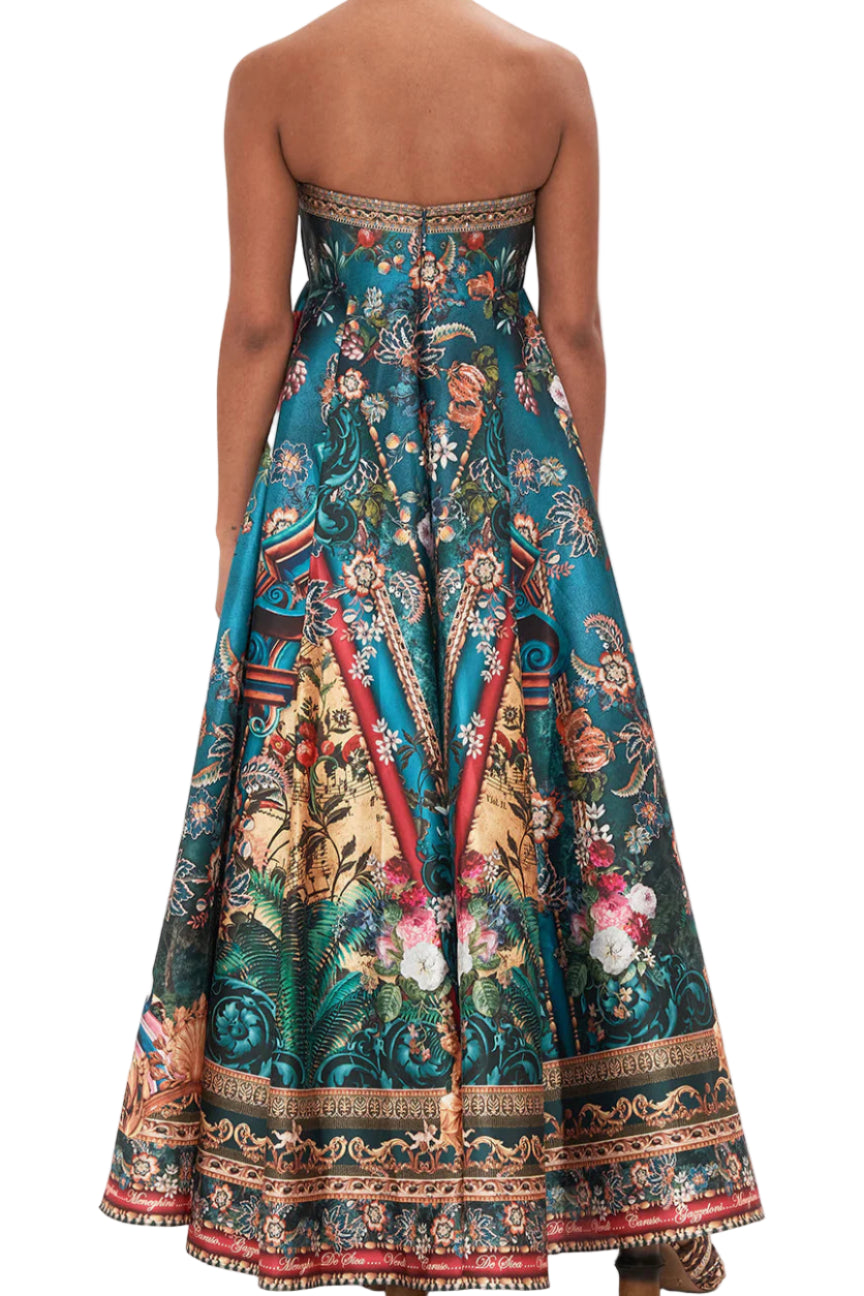 Back view of Camilla Verdi’s World Strapless Maxi Dress for hire – bold printed strapless designer dress rental Central Coast NSW