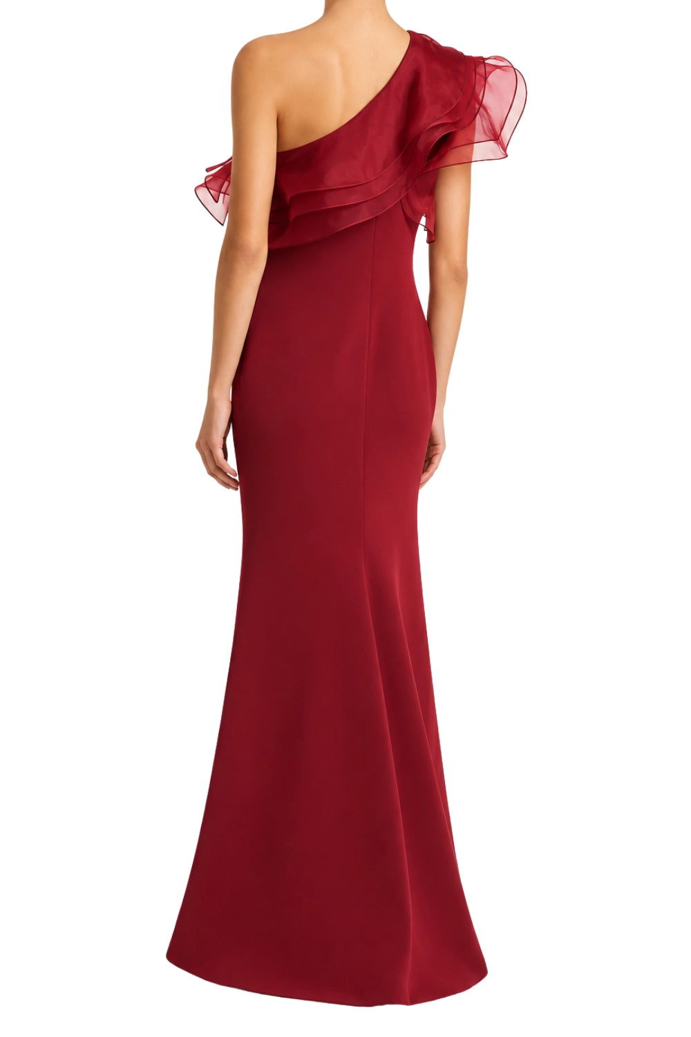 Carla Zampatti Cabernet Crepe One Shoulder Organza Ruffle Gown