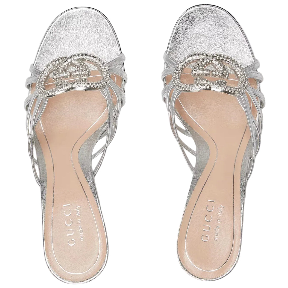 Gucci Silver Leather Slide Sandals with Crystal Interlocking G available at Style Me Up, Central Coast, Australia