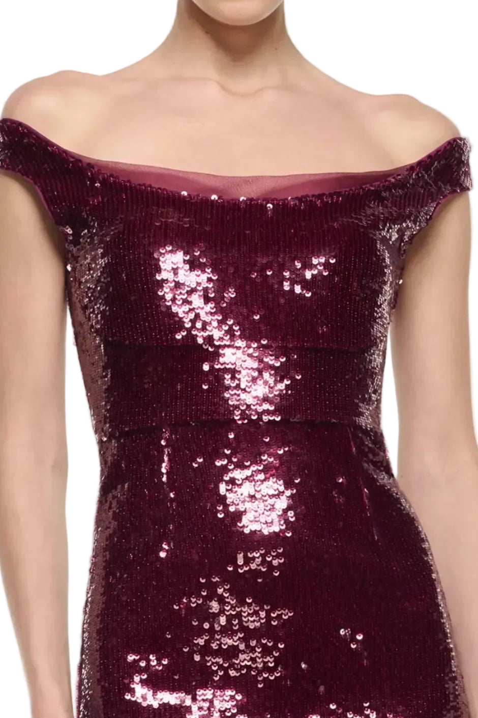 Roland Mouret Off Shoulder Sequin Midi Dress in Dark Pink, available at Style Me Up, Central Coast