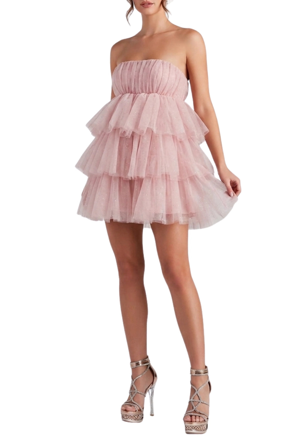 Rotate Carlosaaa Crystal Tullie Ruffle Dress In Pink