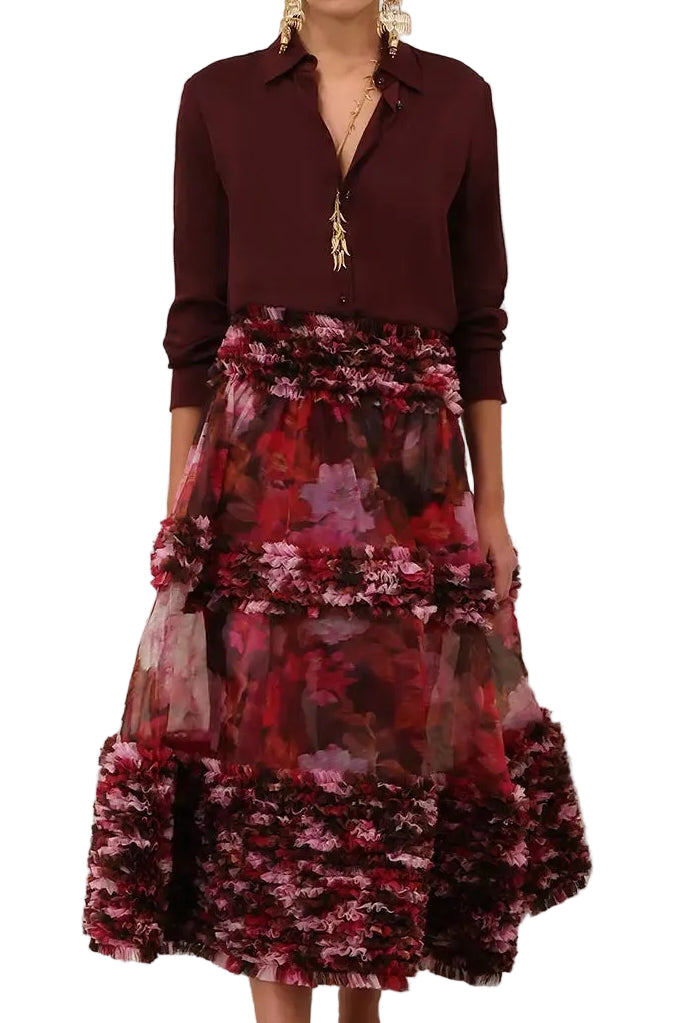 Zimmermann Luna Ruffle Midi Skirt in Chocolate Rose showcasing tiered ruffles and textured trim for elegant style.