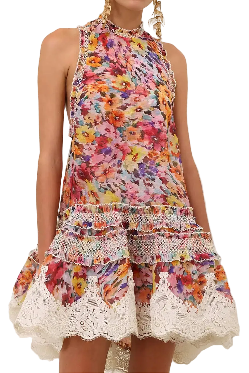Zimmermann Luna Shirred Lantern Mini Dress featuring vibrant floral print and lace trim.