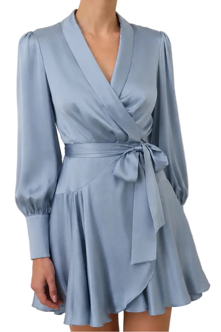 Closer look on the Zimmermann Pale Blue Silk Wrap Mini Dress, available at Style Me Up Designer Dress Australia