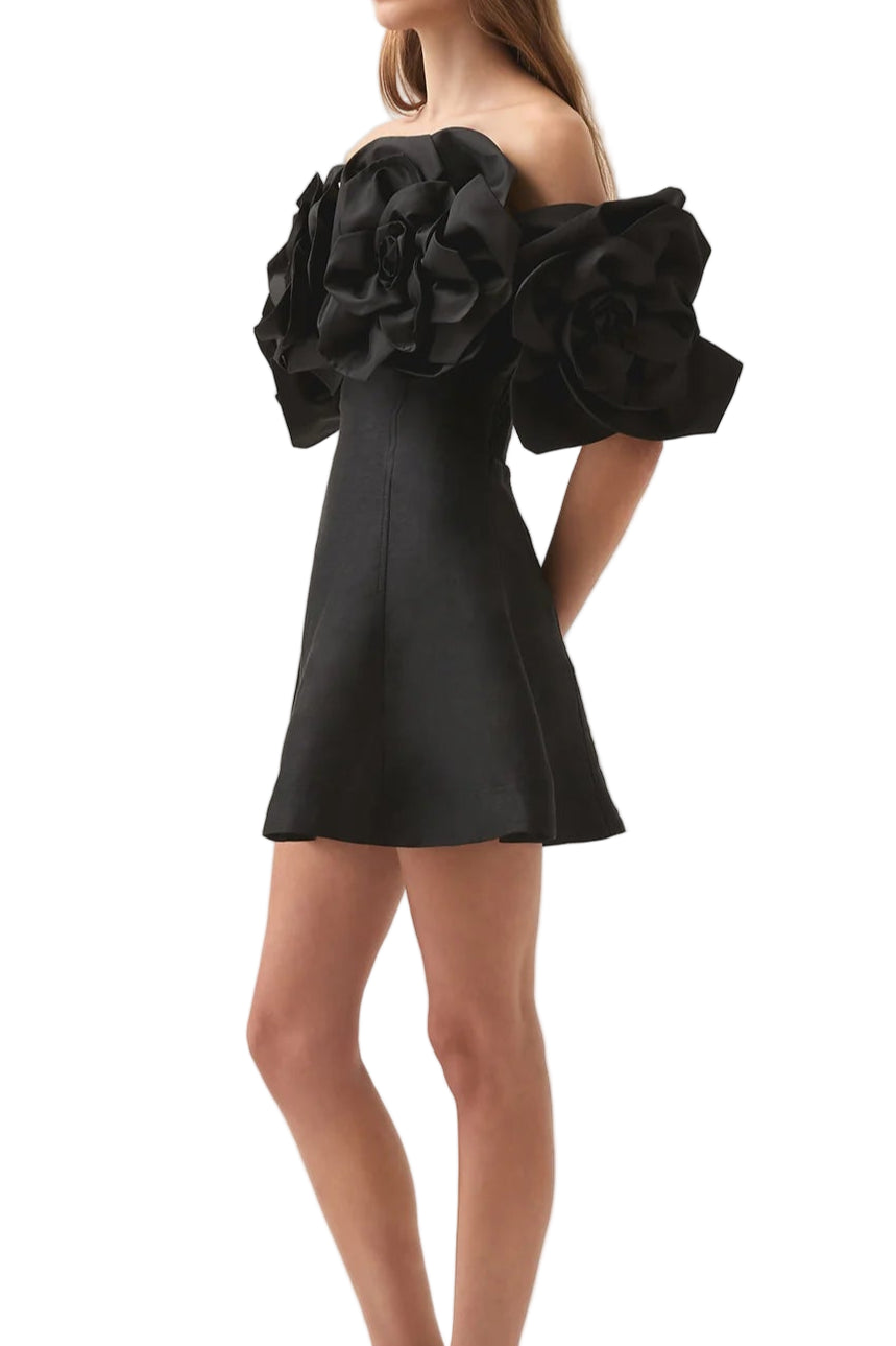 Side view of Aje black Etta mini dress for hire at Style Me Up, designer dress hire in Central Coast, NSW, Australia.