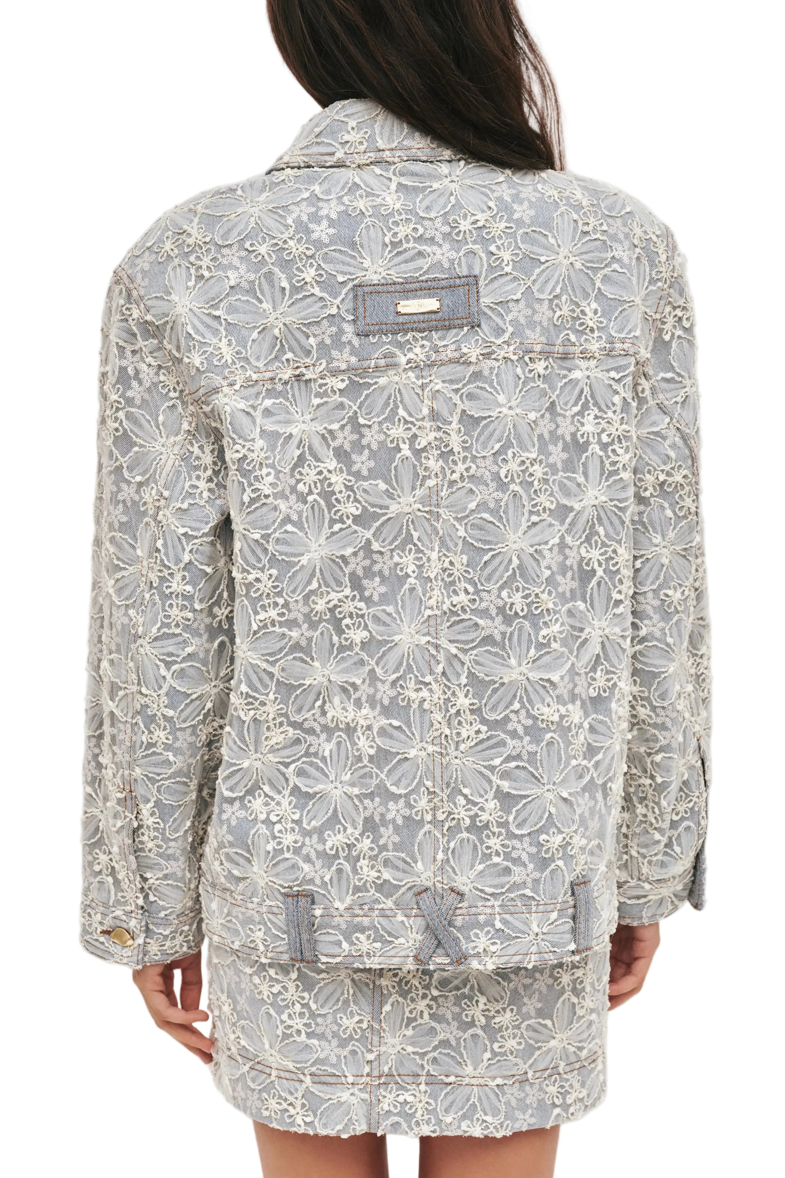 Back of the Aje Bloom Lace Denim Jacket in Mum Wash, available at Style Me Up, Central Coast, Australia