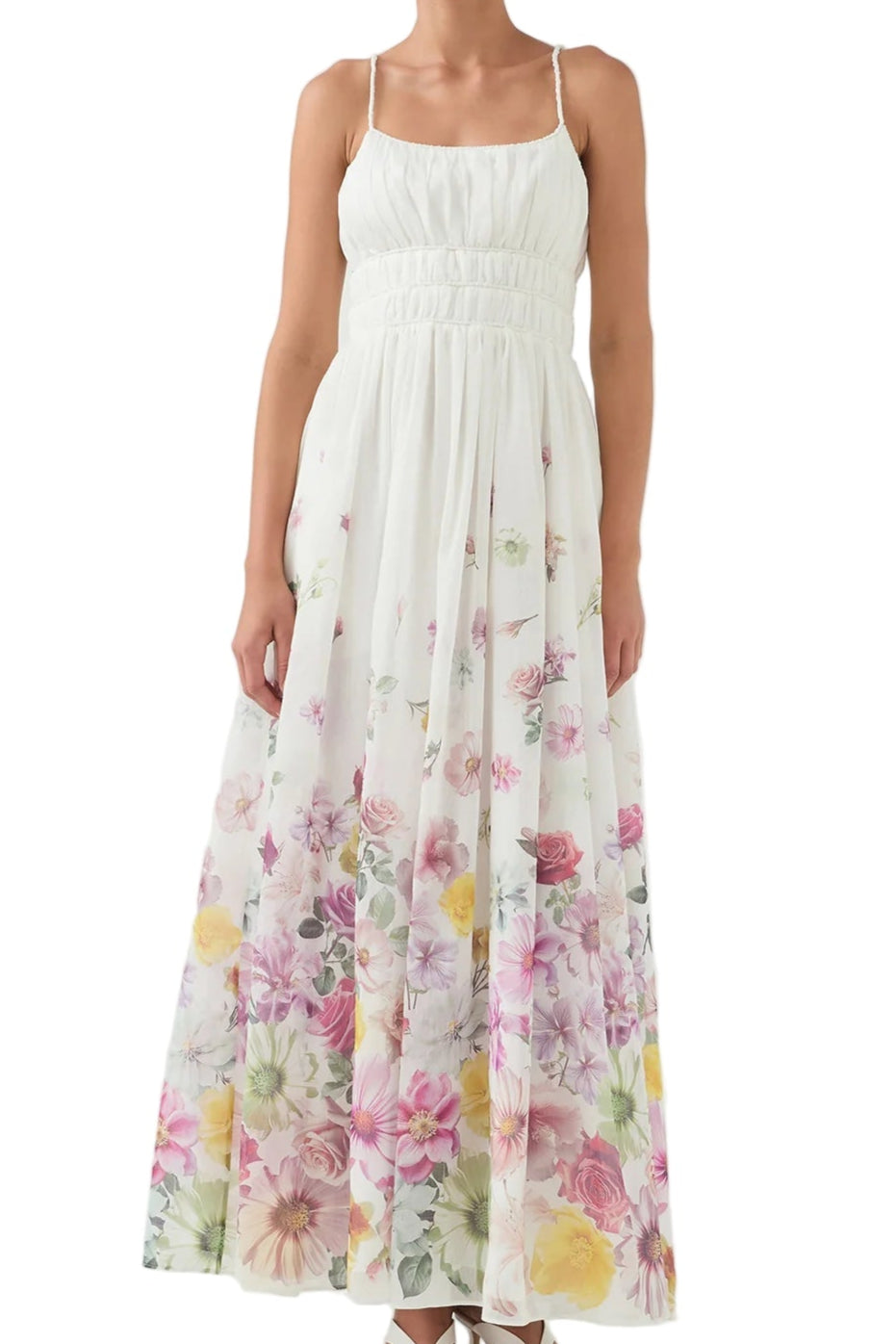 Front view of Aje Ivory Collage Floral Fleur Maxi Dress for hire at Style Me Up, designer dress hire in Central Coast, NSW, Australia.
