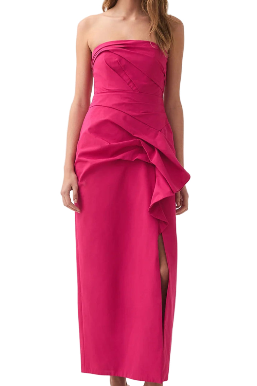 Front view of Aje Rich Magenta Roma Midi Dress for hire at Style Me Up, designer dress hire in Central Coast, NSW, Australia.