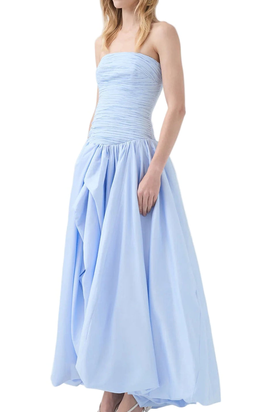 Side view of Aje Violette Bubble Hem Maxi Dress. Available for try-on in Central Coast, NSW, with Australia-wide delivery.