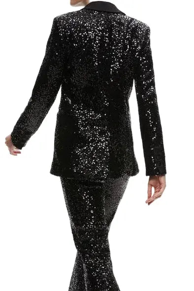Alice + Olivia Breann Sequin Fitted Blazer worn from the back, showcasing its shimmering sequin design and tailored fit.