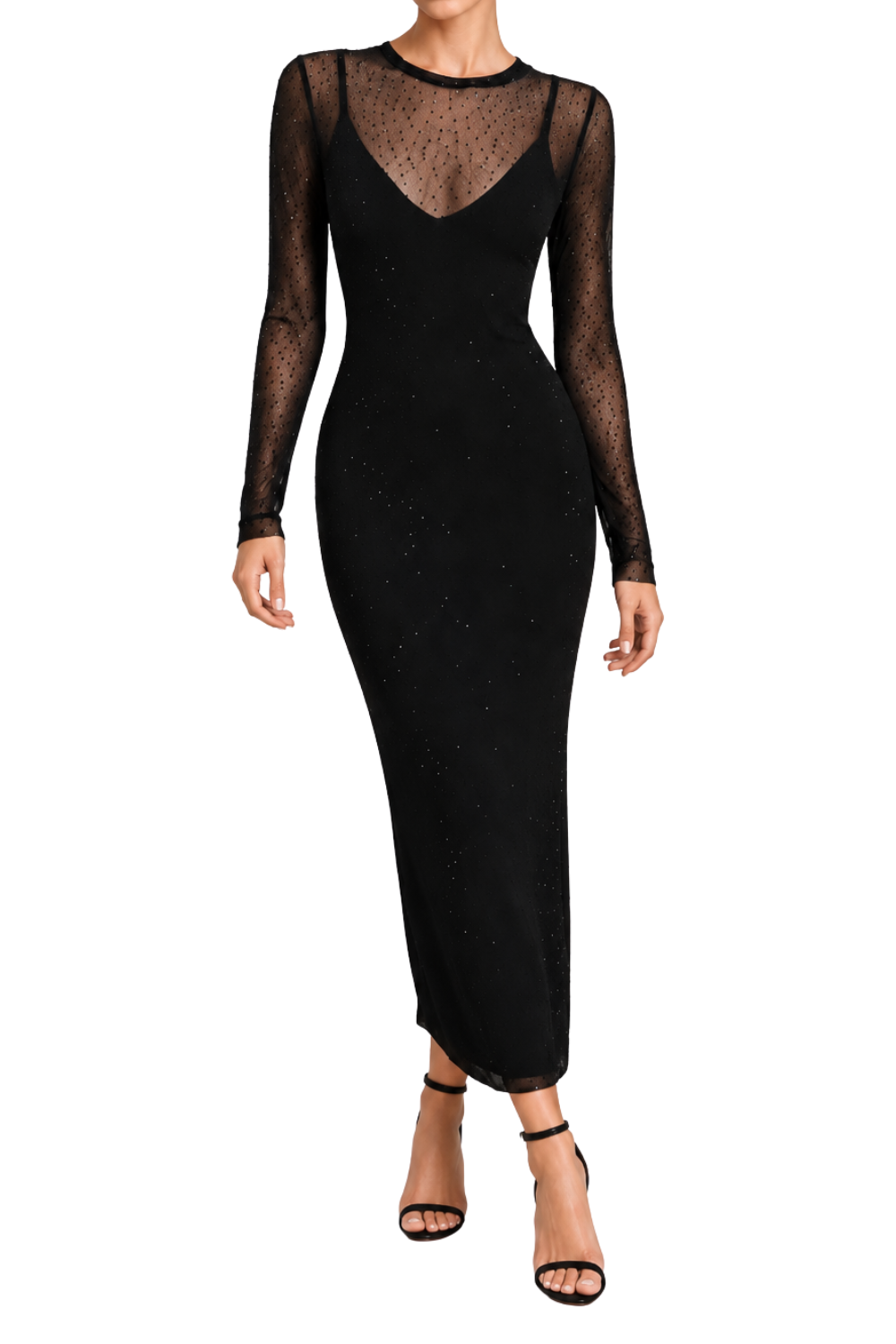 BAR II Sheer Long Sleeve Maxi Dress in Black
