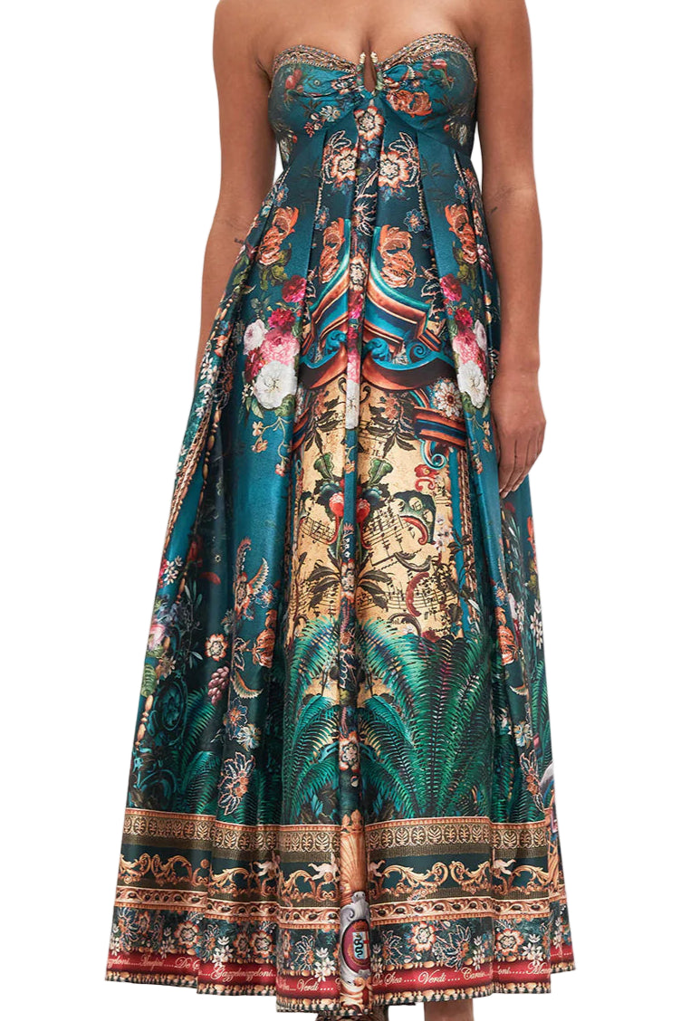 Front view of Camilla Verdi’s World Strapless Maxi Dress for hire – bold printed strapless designer dress rental Central Coast NSW