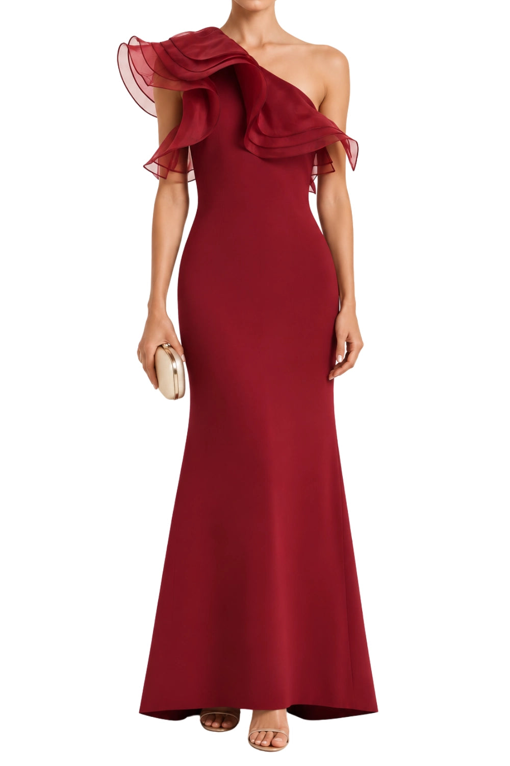 Carla Zampatti Cabernet Crepe One Shoulder Organza Ruffle Gown
