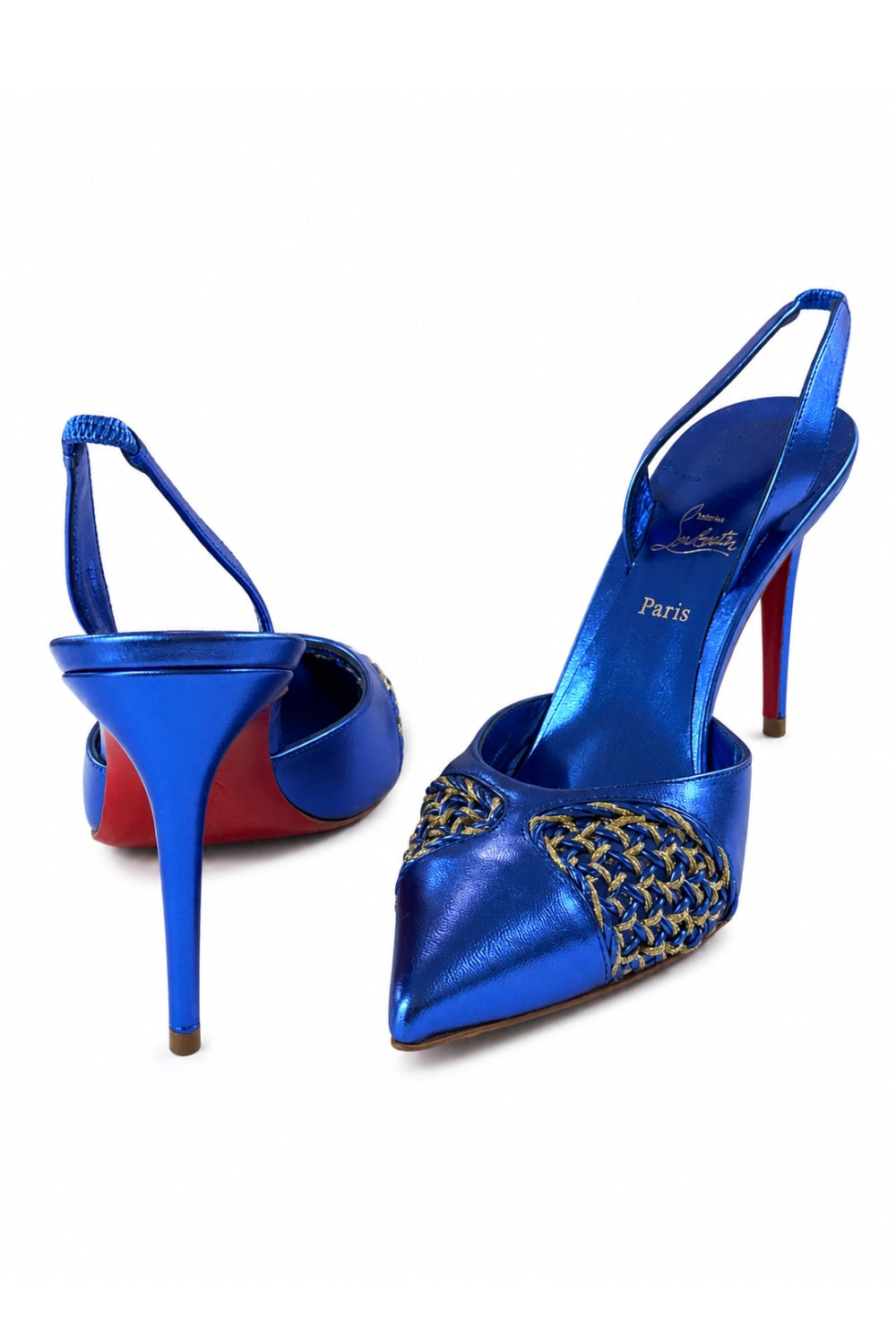 Christian Louboutin Metallic Blue Slingback Pumps with Gold Woven Detail
