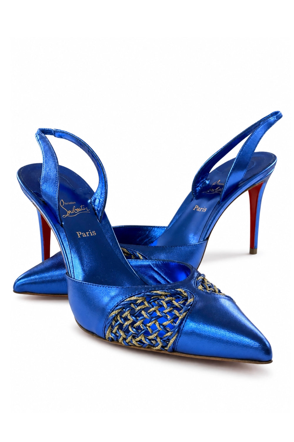 Christian Louboutin Metallic Blue Slingback Pumps with Gold Woven Detail