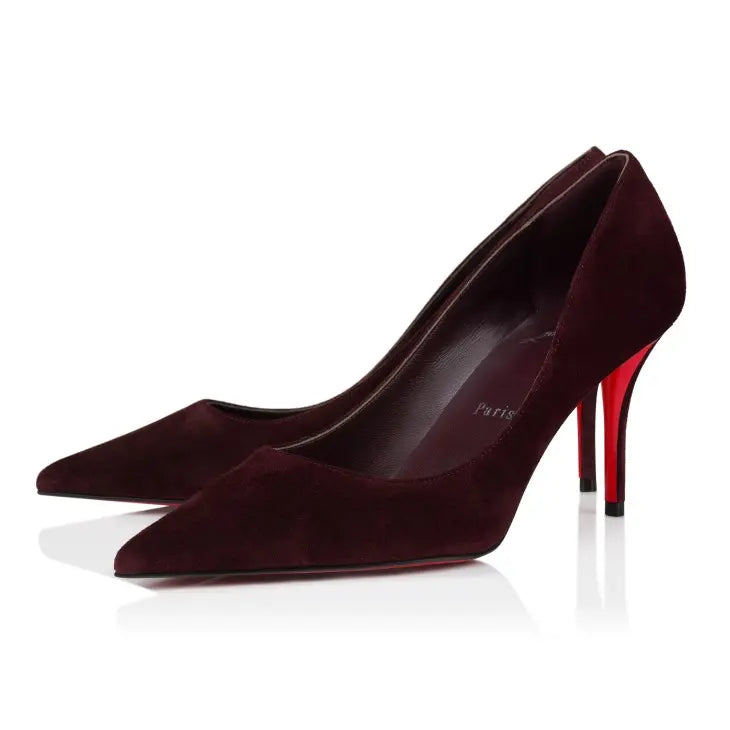 Christian Louboutin Miss Z 80mm pumps in burgundy Amara suede with iconic red sole.