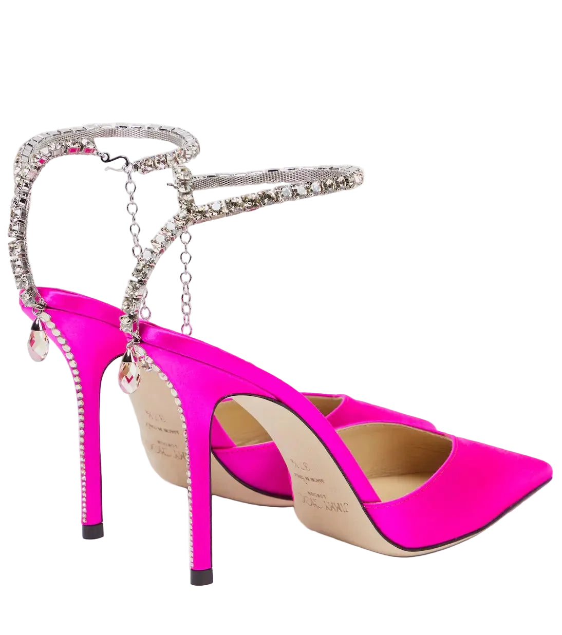 Jimmy Choo  pink high-heeled shoes with rhinestone embellishments on a white background