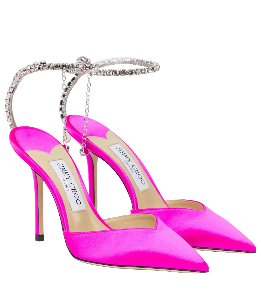 Jimmy Choo pink high-heeled shoes with a chain detail on a white background