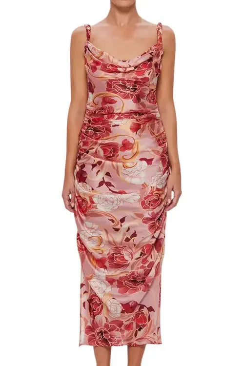 Pink and red floral midi dress for Valentine’s Day date night