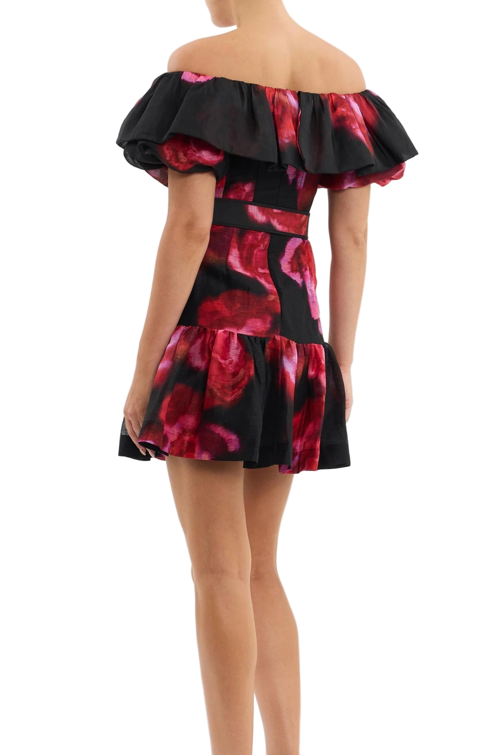Back view of Rebecca Vallance Rosina floral off-shoulder mini dress hire – designer rental Australia