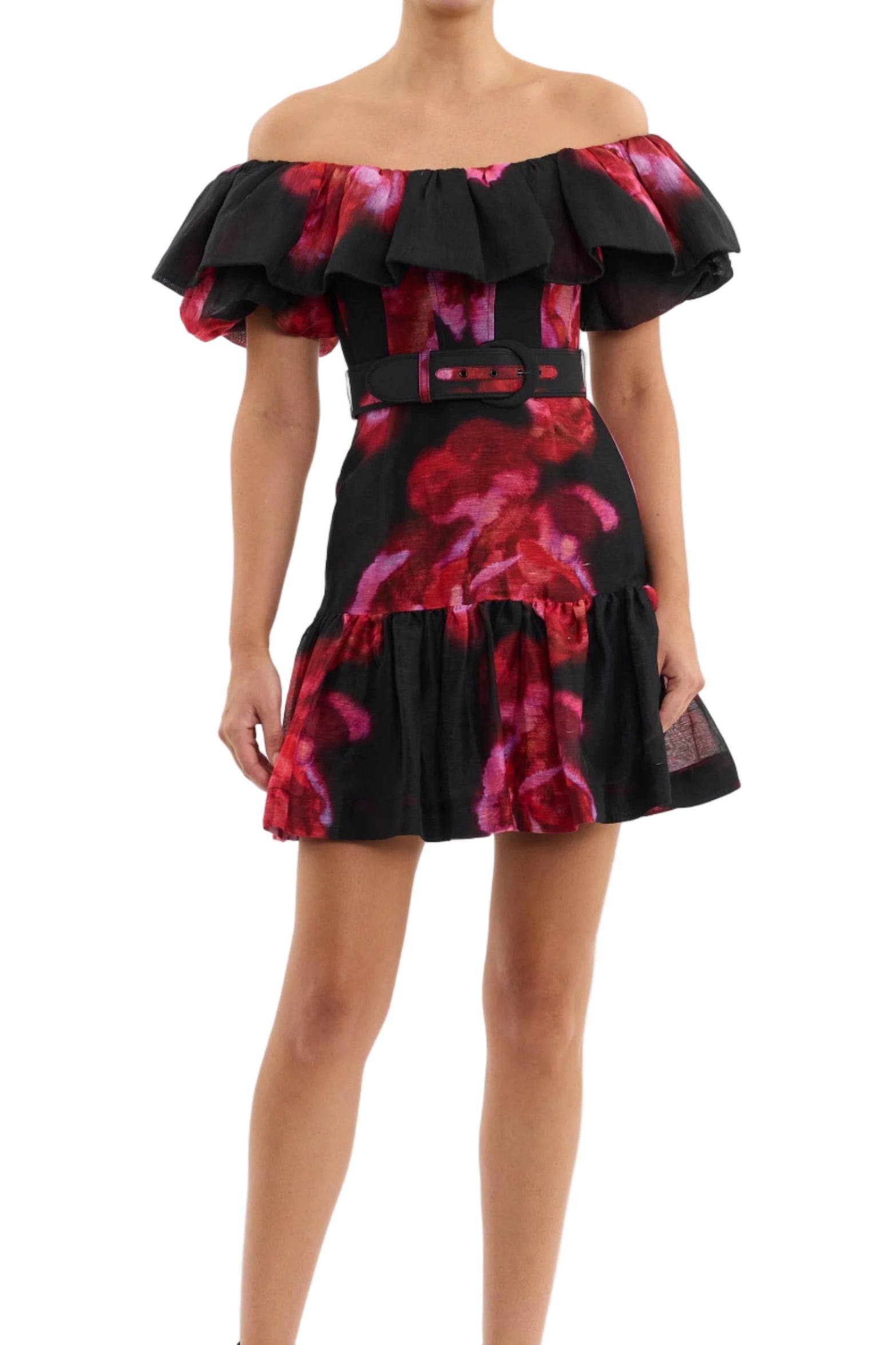 Front view of Rebecca Vallance Rosina floral off-shoulder mini dress hire – luxury designer rental in Australia