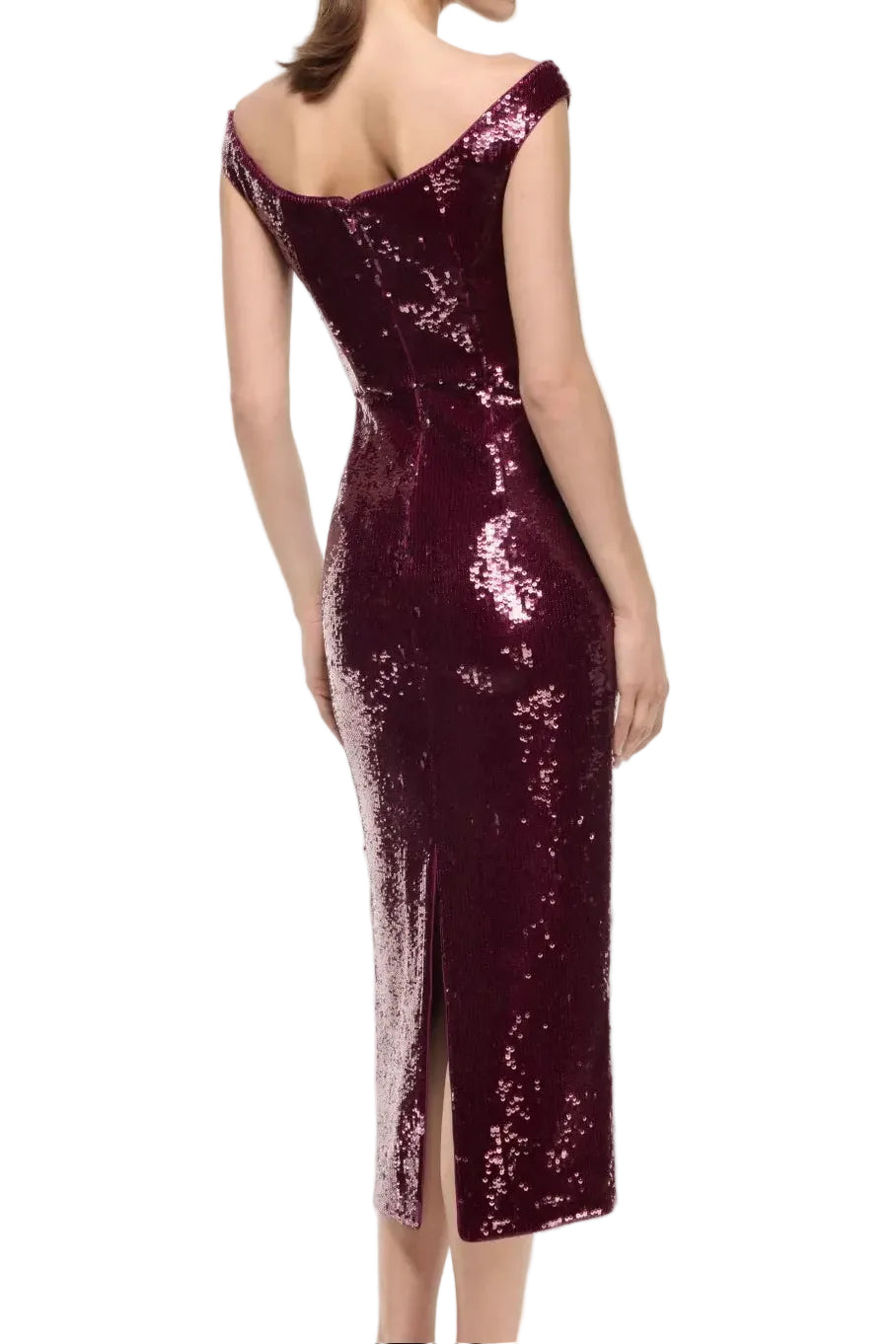 Roland Mouret Off Shoulder Sequin Midi Dress in Dark Pink, available at Style Me Up