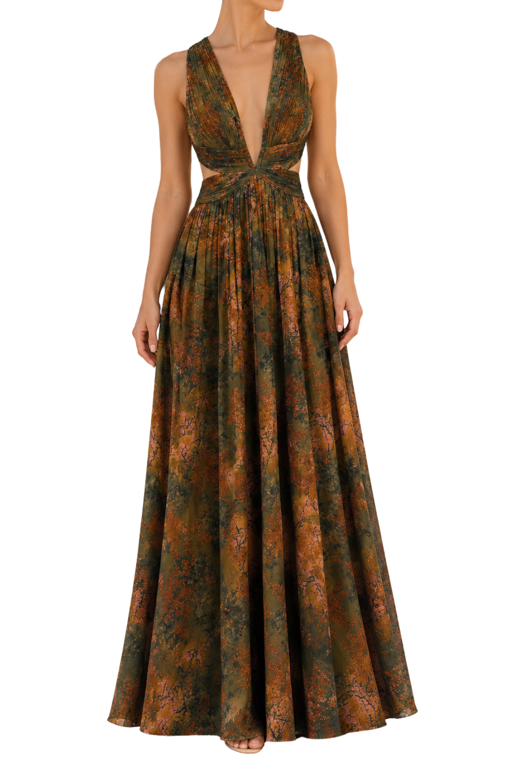 Till’s & Will’s Pleated Print Maxi Dress in Olive Green