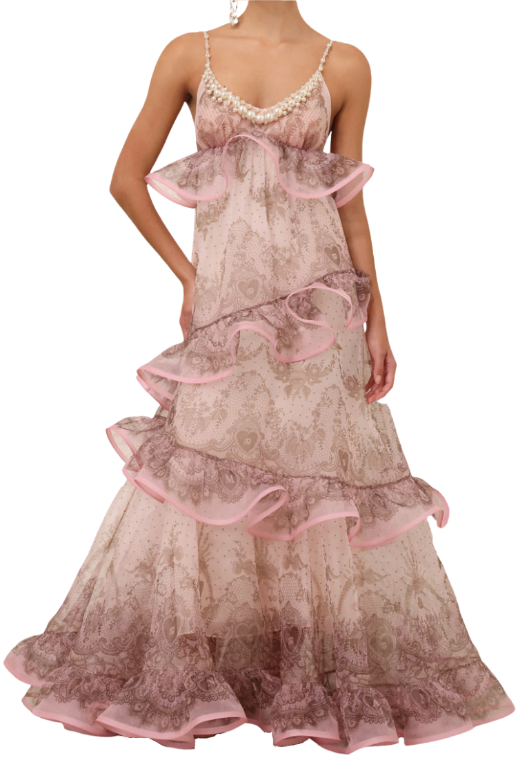 Front view of Zimmermann Crush Embellished Maxi Dress for hire – luxury designer maxi dress rental Central Coast NSW with Australia-wide express delivery for weddings and formal events.