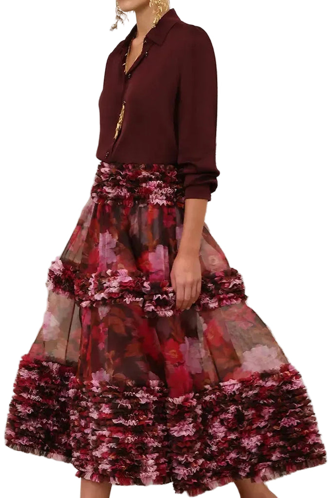 Zimmermann Luna Ruffle Midi Skirt in Chocolate Rose, featuring a tiered ruffle design and flowing silhouette.