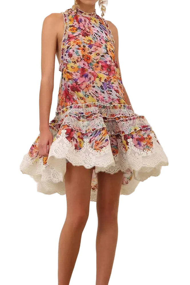 Zimmermann Luna Shirred Lantern Mini Dress featuring vibrant floral print and lace trim on a voluminous hem.