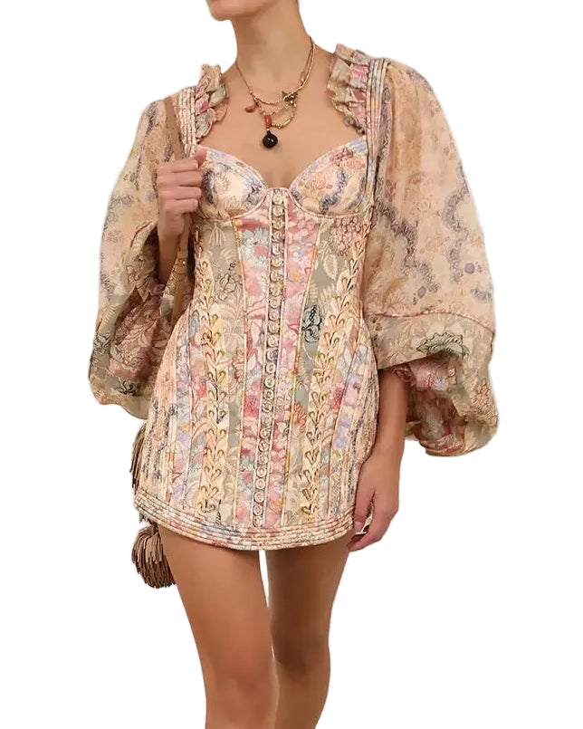 Zimmermann Rebellion Corded Mini Dress featuring a sweetheart neckline and billow sleeves with floral embroidery.