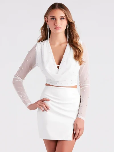 Iconic In Faux Pearl Cowl Neck Crop Top